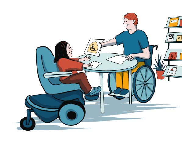 Beratungssituation. Eine Person im Rollstuhl wird von einer Person, die auch im Rollstuhl sitzt, beraten. 